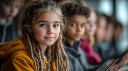 Fototapeta premium Young Girl With Dreadlocks Among Blurred Children