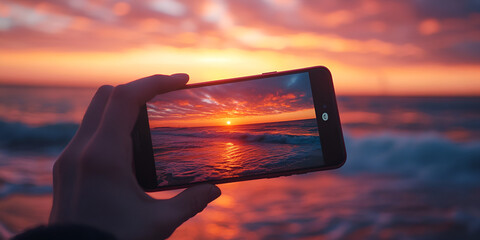 Smartphone capturing a stunning sunset over the ocean, symbolizing digital photography and nature

