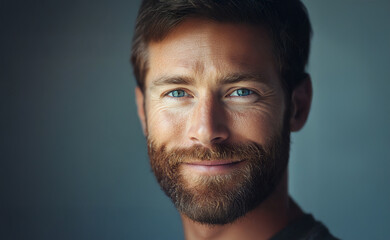Obraz premium Closeup of a man with a confident smirk, beard and hair perfectly styled, natural lighting for a polished yet casual vibe