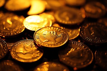 Glowing Gold Coins in Different Sizes with Bright Highlights on a Transparent Background