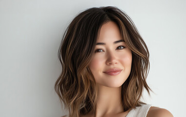 Closeup of a woman with sleek, glossy brown hair cascading over her shoulders, soft smile and radiant complexion, minimalist white background
