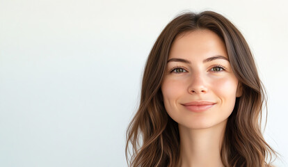 Fototapeta premium Closeup of a woman with sleek, glossy brown hair cascading over her shoulders, soft smile and radiant complexion, minimalist white background