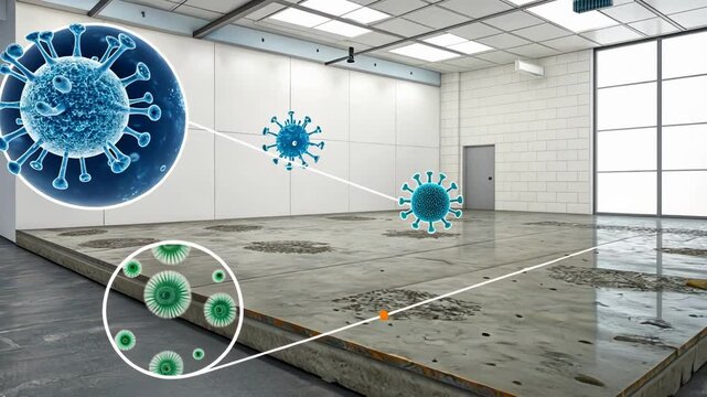 Innovative self healing concrete automatically repairs cracks, showcasing resilience and longevity in a controlled clean room environment, enhanced by microscopic visualizations of the process