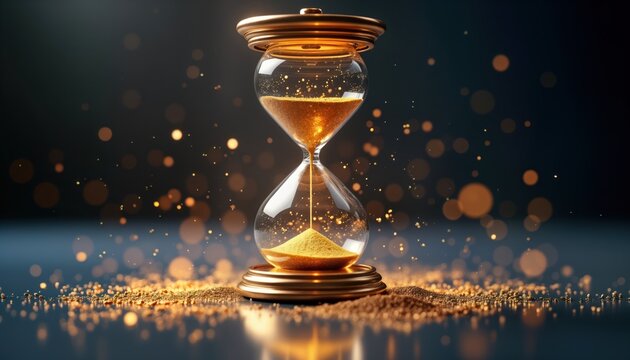 Golden hourglass shows time passing. Futuristic design combined with classic hourglass. Abstract business concept image. Time management, innovation depicted in modern way. Luxury tech, global