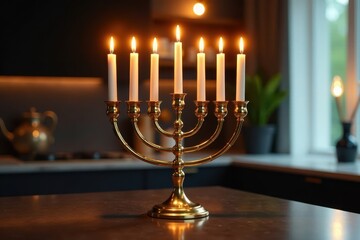 Fototapeta premium Elegant gold menorah with multiple lit candles in a modern setting , decoration, candles