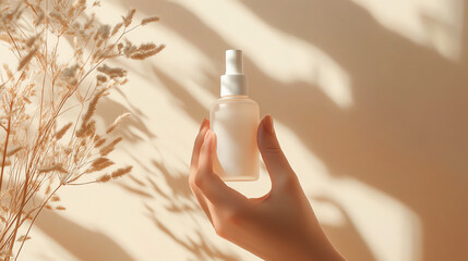 Delicate hands framing a skincare bottle with precision, soft sunlit beige setting creating a natural and refined look