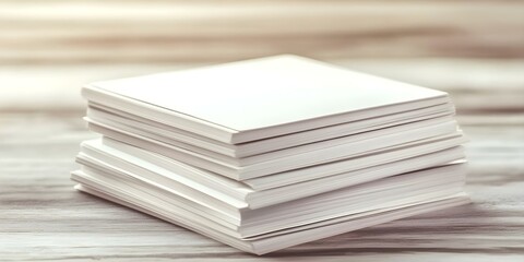 A stack of blank, white sheets of paper on a wooden surface. Concept Blank Sheets of Paper, Wooden Surface, Minimalist Aesthetic, Stationery Photography, Creative Workspace