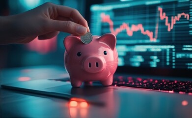 Saving coins in a piggy bank on a digital display of stock market trends