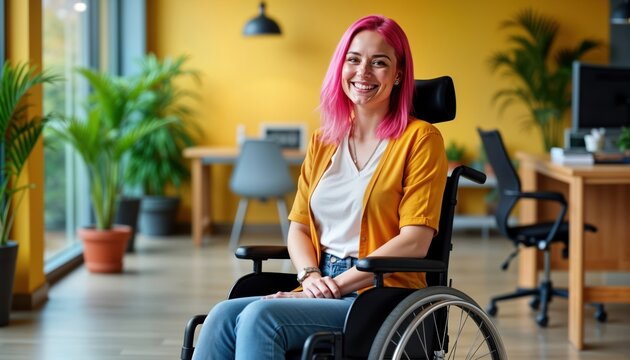 Young woman with vibrant pink hair sits confidently in wheelchair in modern office space filled with plants. Wears casual denim jacket, radiates positive energy, inclusivity in professional workplace