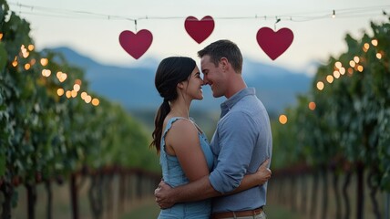 Valentine's Day on experiences concept. A couple shares a romantic moment amidst a vineyard decorated with hearts and fairy lights.