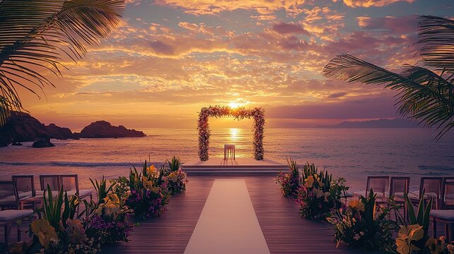 Beach wedding ceremony at sunset with tropical decorations and ocean views
