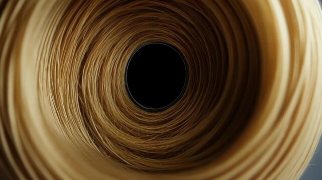 A macro photograph of a roll of jute twine twirling around finished products exemplifying the use of natural fibers for securing packages.