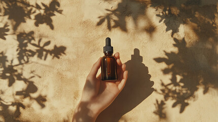 Minimalist beauty product shot featuring hands holding a dropper bottle, natural shadows adding depth to the warm beige scene