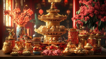 Fototapeta premium Chinese new year temple offerings traditional temple digital art festive background close-up celebrating prosperity