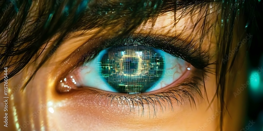 Poster a close-up of an eye with a digital, luminous pattern reflecting in the iris, creating a futuristic 