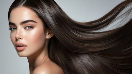 Naklejka premium Natural beauty concept featuring a model with shiny, sleek hair and a confident expression, clean and fresh studio backdrop