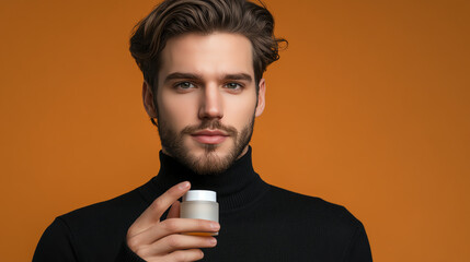 Portrait of a wellgroomed man demonstrating skincare, holding a product jar with a focused expression, clean and modern aesthetic