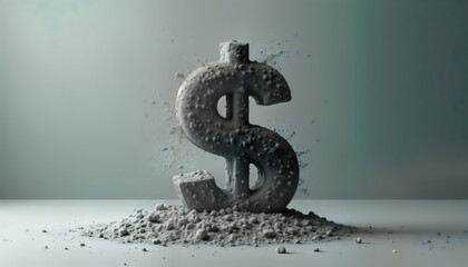 3D render shows dollar sign dissolving into dust. Symbol of economic downturn, currency devaluation. Financial crisis, market meltdown visually represented. Concept of economic instability, risk