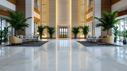 Opulent Hotel Lobby, an elegant space featuring grand chandeliers, plush seating, marble floors, and sophisticated decor inviting luxury and comfort