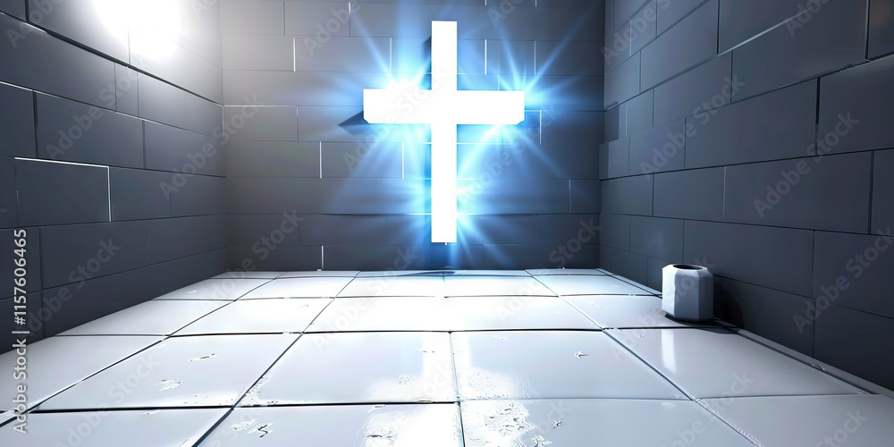 Poster digital rendering: illuminated cross in tiled room