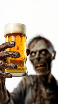 Realistic zombie holding pint of beer on white background