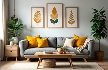 Stylish boho living room features gray sofa with mustard yellow pillows, cream throw. Wooden coffee table, side table add warm tones. Abstract leaf prints on walls complete cozy, elegant home decor.