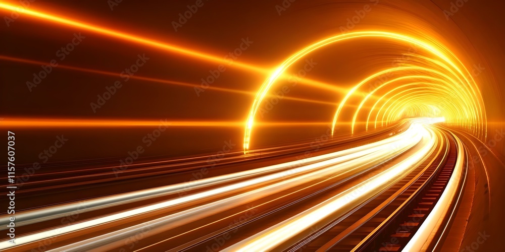 Poster a long tunnel with bright lights creating a dynamic, flowing effect, suggesting speed and movement. 