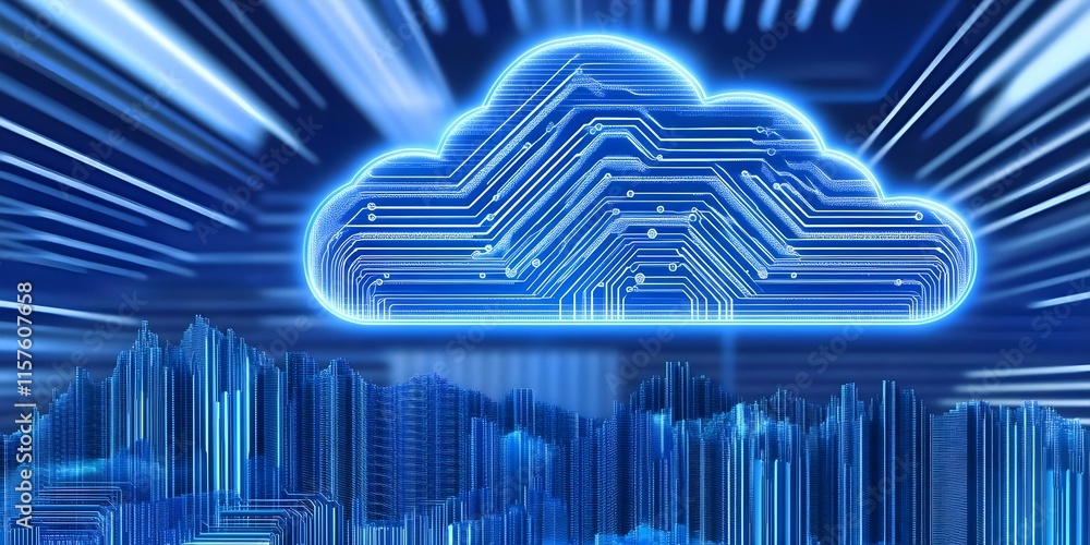 Aufkleber a stylized cloud symbol with digital circuitry, set against a dynamic background, representing cloud