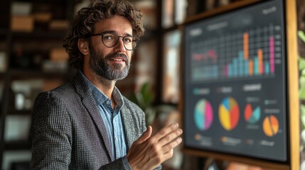 Fototapeta premium Data Analyst Presenting Insights to Team with Graph Display