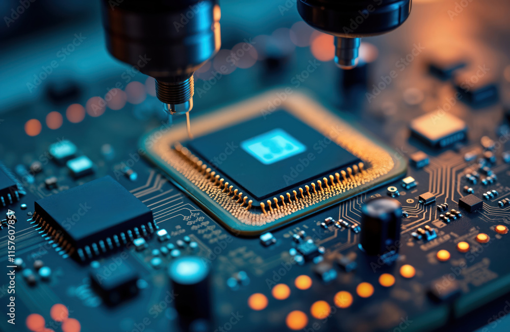 Poster Closeup view of microprocessor assembly on circuit board. Tech equipment placing chip component. Modern manufacturing process in tech lab. Advanced manufacturing procedure. High-tech component