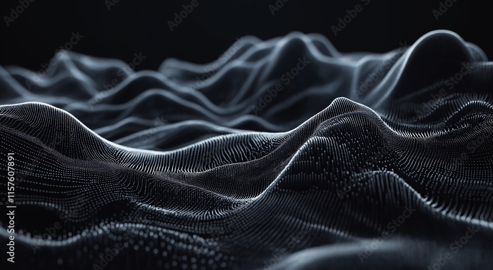 Poster 3d rendering of an abstract black background with flowing waves of particles and dots, embodying a f