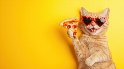 Playful cat with heart sunglasses enjoys pizza against a vibrant yellow background