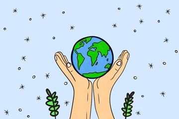 Illustration of Hands Holding Earth with Save the Planet Theme