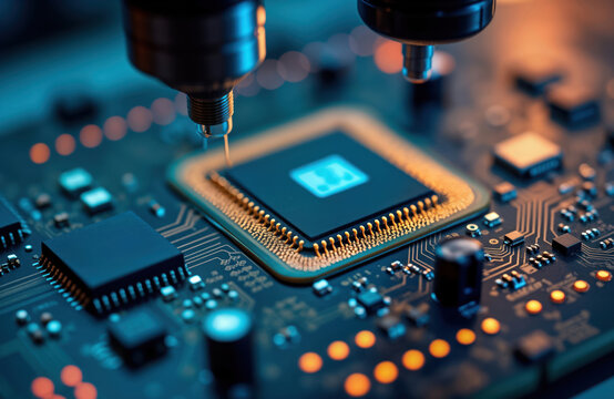 Closeup view of microprocessor assembly on circuit board. Tech equipment placing chip component. Modern manufacturing process in tech lab. Advanced manufacturing procedure. High-tech component - Powered by Adobe