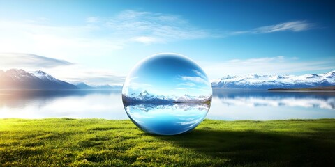 A reflective, crystal-clear sphere placed on green grass next to a serene lake, surrounded by mountains and blue sky. Concept Reflective Sphere, Serene Lake, Mountain Backdrop, Blue Sky, Green Grass