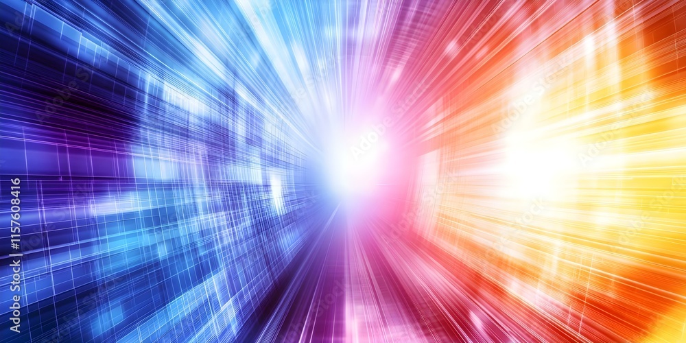 Poster a dynamic abstract representation of light and color, with blue and red hues creating a sense of mov
