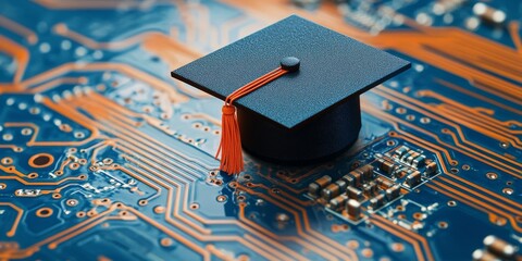Graduation cap on circuit board symbolizes technology and education advancement