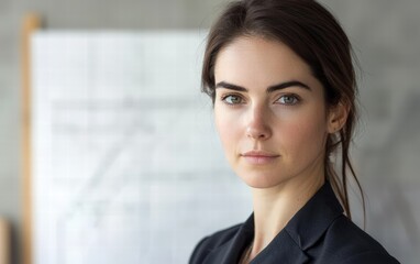 Architect portrait of a woman with a thoughtful gaze, wearing a blazer, with a blurred design studio and blueprints in the background