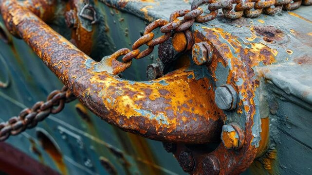 Weathered maritime chain featuring intricate rust patterns and corrosion details, revealing industrial decay on metal surface through close up perspective