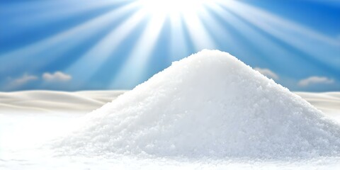 A mound of white salt is set against a bright blue sky with rays of sunlight shining down. Concept Salt Mound, Bright Blue Sky, Sunlight Rays, Natural Contrast, Scenic Photography