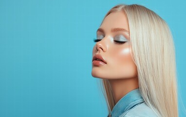 Naklejka premium Blonde woman with sleek straight hair and shimmering silver eyeshadow, on a pastel blue background