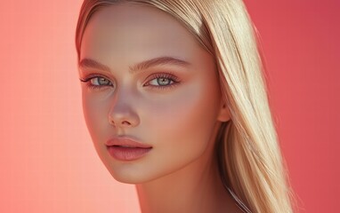 Obraz premium Blonde woman with sleek straight hair and soft makeup, set against a bright coral background