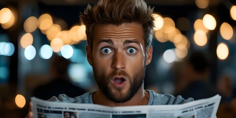 A surprised man holding a newspaper, with a blurred background featuring lights, indicating a moment of shock or revelation. Concept Surprised Expression, Newspaper Reveal, Blurred Lights Background