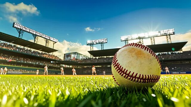 A vibrant scene at a baseball field during the morning, showcasing a baseball resting on the grass. Players in white uniforms are positioned in the background, evoking excitement.