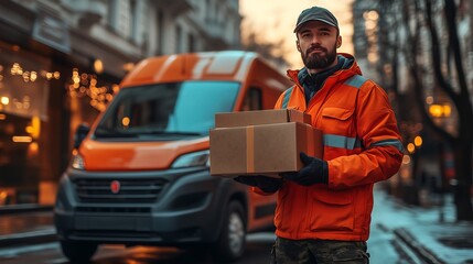 Delivery Man with eCommerce Packages in Urban City Background