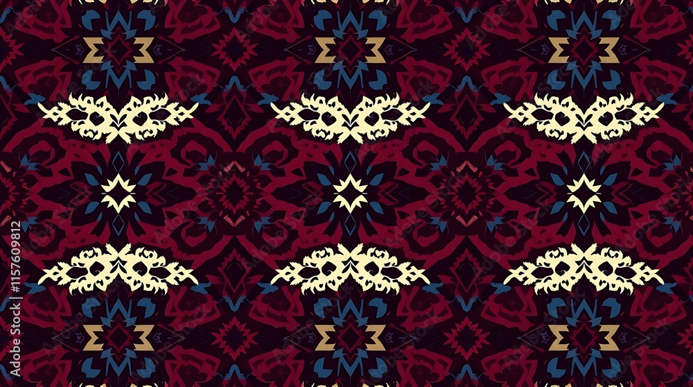 Poster intricate geometric pattern in vibrant burgundy and blue: seamless, repeating design features bold, 