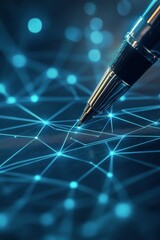 Pen creating connections in a digital network illuminated by blue lights