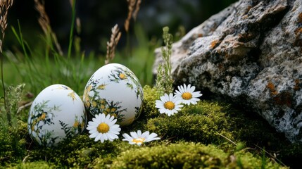 Colorful Easter eggs in yard with green grass, outdoor landscape 25