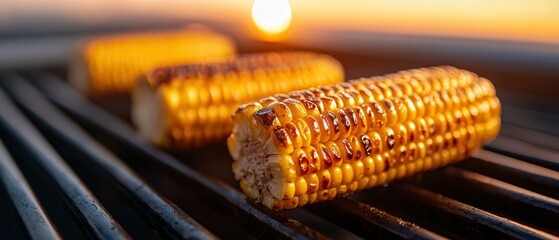 Three pieces of corn are on a grill, with one of them being cooked