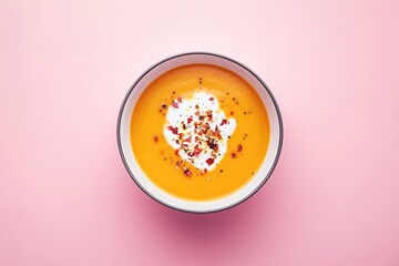 Creamy orange soup topped with yogurt and spices against pink ba